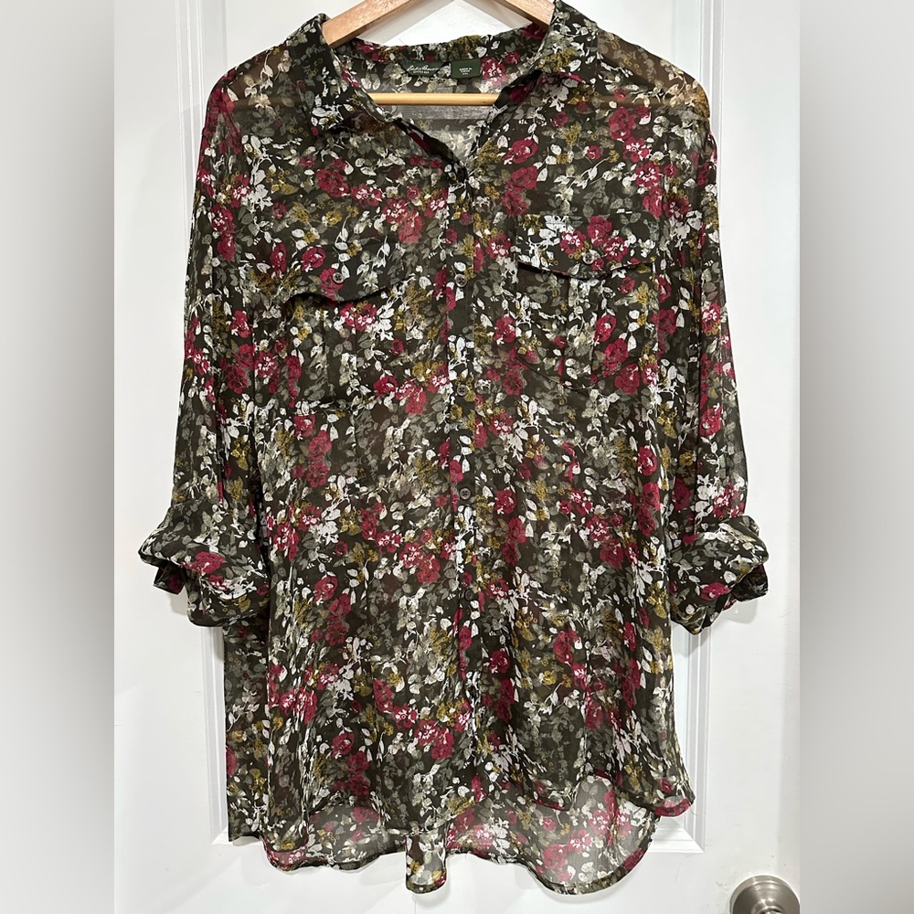 Eddie Bauer Early 2010s Sheer Floral Button Up Blouse For Layered Look